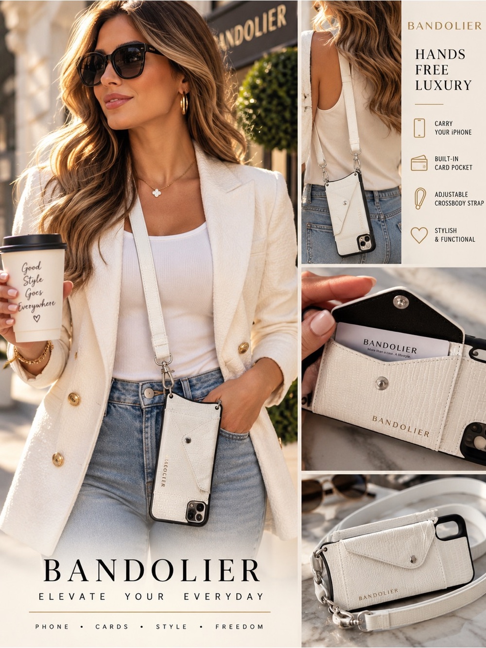 Bandolier iPhone X/XS Crossbody Case White Lizard Card Wallet Strap